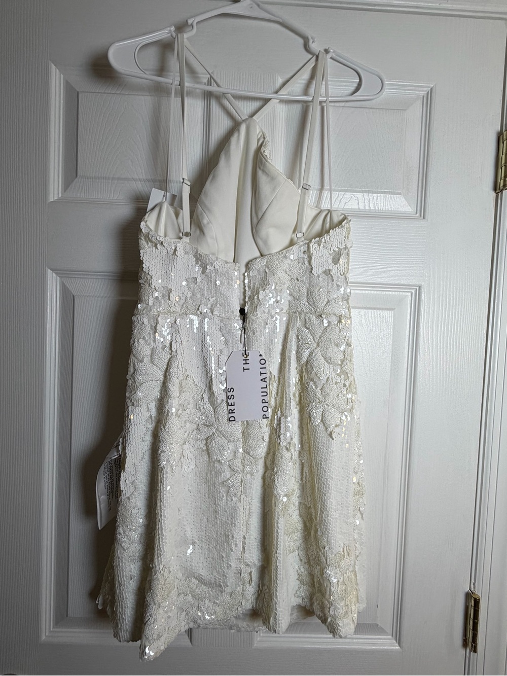 Dress the Population Victoria White Floral Flip Sequin Halter Mini Dress NWT L - Picture 6 of 9